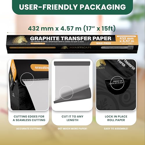 MyArtscape Graphite Transfer Paper Roll 17" x 15ft Wax Free Tracing Roll | Wax free Carbon Paper, Graphite Paper roll for reusable tracing on canvas, wood, paper, metal and ceramic