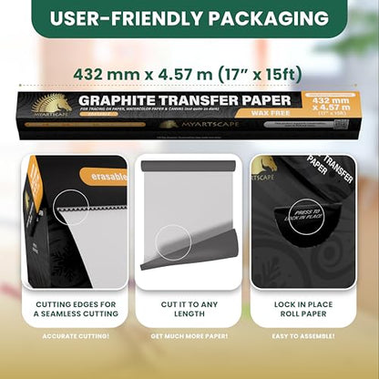 MyArtscape Graphite Transfer Paper Roll 17" x 15ft Wax Free Tracing Roll | Wax free Carbon Paper, Graphite Paper roll for reusable tracing on canvas, wood, paper, metal and ceramic