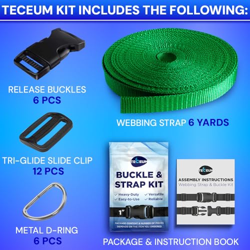 TECEUM 1" Nylon Strap Kit with Buckles, Green 6 yards Repair Set | Heavy duty hardware kit: 6yd webbing, 6 quick release buckles, 12 tri-glide slide clips, 6 metal D-rings for crafting. - color: Green, size: 1" - 6 yards, style: 6 Buckle - 12 Slides - 6 D