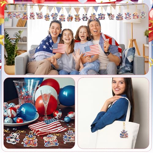 WILLBOND 30 Pcs 4th of July Animals Diamond Art Keychain Kits for Adults Independence Day Patriotic Diamond Painting Keyring Double Sided American Flag Red White Blue Hanging Ornaments for DIY Crafts - color: 4th of July