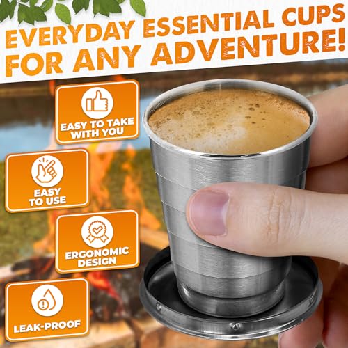 Collapsible Shot Glass with Lid - 2.5Oz (75ml) Stainless Steel Travel Shot Glasses, Rust & Bend Resistant, Keychain for Easy Portability - Collapsible Cups for Traveling, Fishing, Camping | Travel Shot Glasses; Rust-, Weather- and Bend-Resistant; Keychain