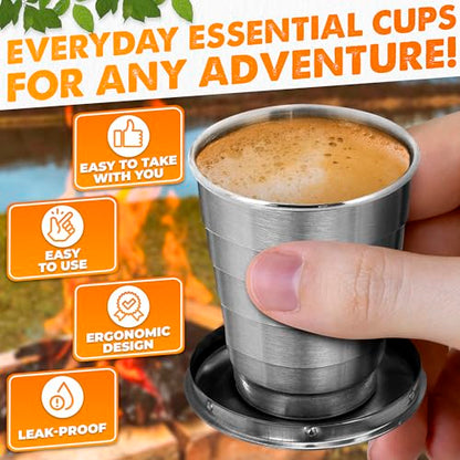 Collapsible Shot Glass with Lid - 2.5Oz (75ml) Stainless Steel Travel Shot Glasses, Rust & Bend Resistant, Keychain for Easy Portability - Collapsible Cups for Traveling, Fishing, Camping | Travel Shot Glasses; Rust-, Weather- and Bend-Resistant; Keychain