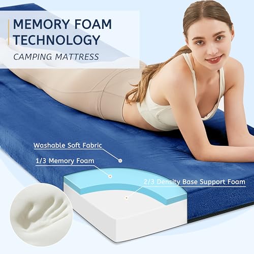 HomeMate Memory Foam Camping Mattress Pad: Portable Car Sleeping Pad | Roll Up Floor Mattress for Camping Cot Tent Truck Travel, Non-Slip Waterproof Sleeping Mat for Adults Guests - color: blue, size: Twin XL / 80*38*3