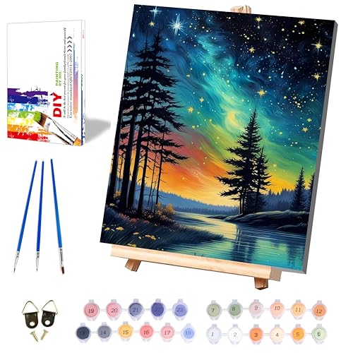 Starry Sky Paint by Numbers for Adults with Framed Canvas - Wooden Easel | Landscape Paint by Number on Canvas, DIY Oil Painting Kits with Brushes Nice Gift Box for Home Wall Decor (16x20 inch) - color: DKMT0129, size: 16*20inch