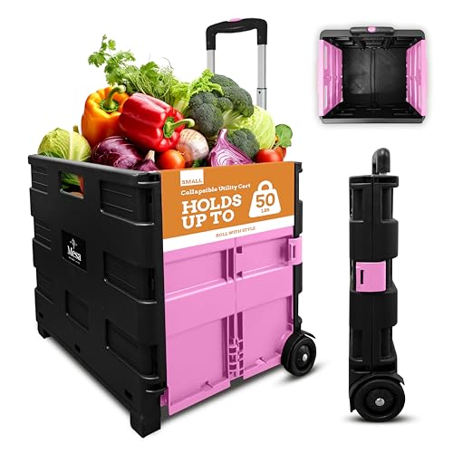 Inspired Living Ultra-Slim Rolling Collapsible Storage Pack-N-Roll Utility-carts, with Telescopic Handle, for Home, Garden, Shopping, Office, School use, Medium, Pink & Black - color: Pink, size: Medium/ No Lid