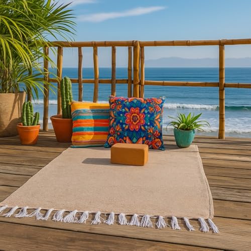 Open Road Goods Solid Color Mexican Yoga Blanket – Large Handwoven Throw for Yoga, Beach, Camping or Home – Soft and Durable Cotton Blend - color: Tan Blanket