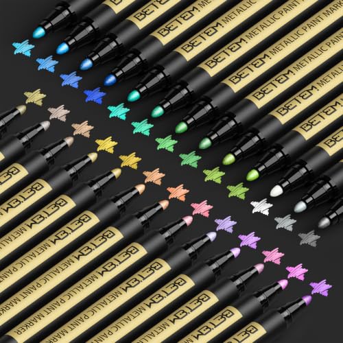 Betem Metallic Paint Markers, 26 Colors Acrylic Metallic Markers for Black Paper, 2mm Medium Tip Glitter Pens Scrapbooking Supplies, Teacher Appreciation Gift, Rock, Photo Albums, Card Making Kit - color: metallic 26