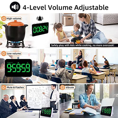 Samshow Rechargeable Digital Kitchen Timer, Green, 5 Inch | Countdown/Up, 3 Adjustable Brightness, 4 Adjustable Volume , 5" LED Display, Magnetic, For Classroom/Office/Home/Work/Game - color: Green