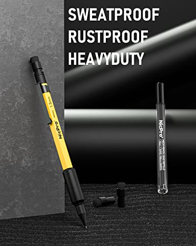 Nicpro MP2000 1.3mm Metal Mechanical Pencil Set with Case (Yellow) | 12 Black Lead Refill, Eraser, Weatherproof Heavy Duty Carpenter Pencils for Outdoor Woodworking Marking, Drafting, Drawing - style: 1 Pack (Yellow)