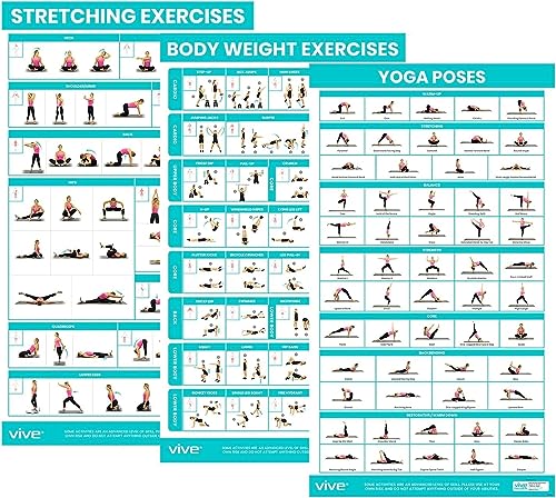 Vive Workout Posters for Home Gym (3 Pack) - Bodyweight, Yoga Poses