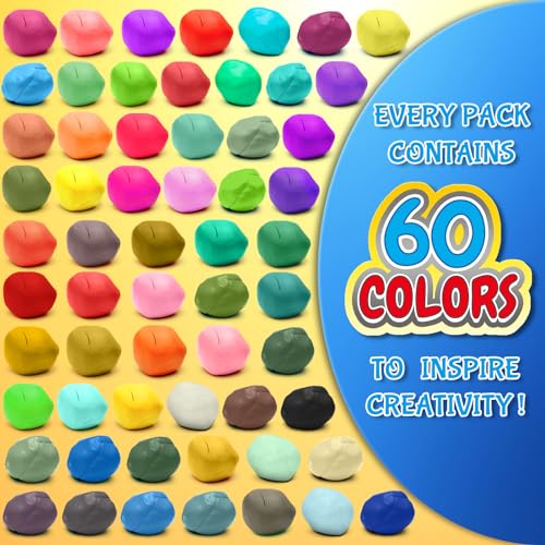 Air Dry Clay, 60 Colors Modeling Magic Clay for Kids | Includes Tools, Soft & Ultra Light, Ages 3-8+ Years, Boys & Girls - color: 60 Colors