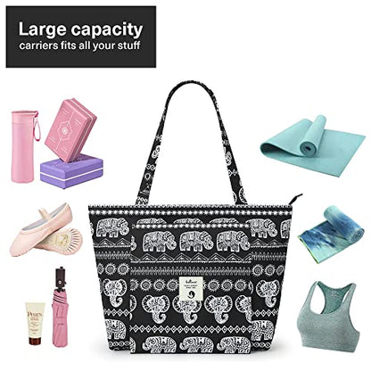 WLLWOO Yoga Mat Carrier Bag for Women Canvas Carryall Tote Gym Pilates | Large Holder Zipper Shoulder for Beach Travel Workout Fitness Office - color: elephantle