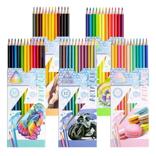 Colored Pencils Set, Neon, Pastel, Classic, Metallic, Skin Tone, Pre-Sharpened Coloring Pencils for Adults, Kids Beginners, Drawing, Sketching, Shading, Blending, Art Supplies (All 5 Sets–60 Colors) - color: All Colors