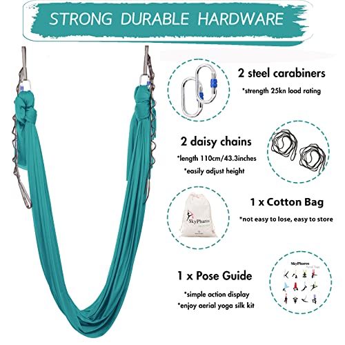 5.5 Yards Aerial Silks Yoga Swing Set - Aerial Yoga Hammock Kit Anti-Gravity Flying for Fitness, Low/Non Stretch Nylon Tricot Fabric Hardware Included for Dance - color: PETROL