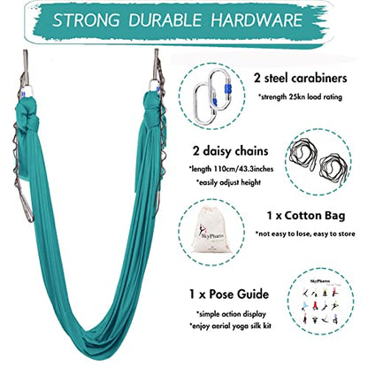 5.5 Yards Aerial Silks Yoga Swing Set - Aerial Yoga Hammock Kit Anti-Gravity Flying for Fitness, Low/Non Stretch Nylon Tricot Fabric Hardware Included for Dance - color: PETROL