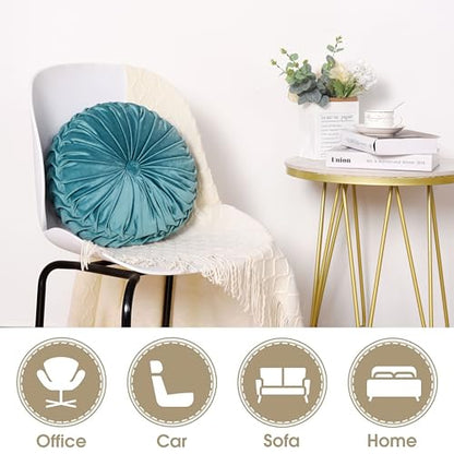 HIG Set of 2 Teal Velvet Decorative Round Pleated Throw Pillows - color: Teal