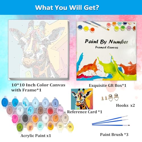 Artunion Framed Paint by Numbers Kit for Adults Beginners & Kids Ages 8-12,Colorful Giraffe Paint by Number with Frame, Acrylic Paint by Numbers Kit on Canvas 10 * 10 Inch Without Easel - color: ZXT-185-F