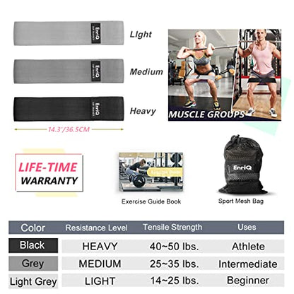 EnriQ Booty Bands Fabric Resistance Bands for Legs and Butt - Non Slip Cloth Hip Bands Elastic Workout Bands - Activate Glutes and Thighs - Made of Premium Elastic Fabric - color: Black,Dark Grey,grey