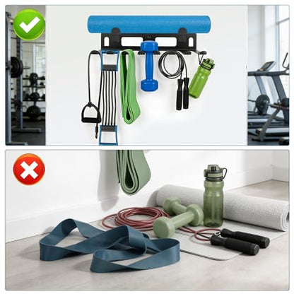 Gym Rack Organizer for Home Gym Storage, Wall Mounted, Multi-Purpose Home Gym Storage Rack for Resistance Bands, Yoga Mats, Jump Ropes,Weight Belts, Garage Workout Room Accessories,Black