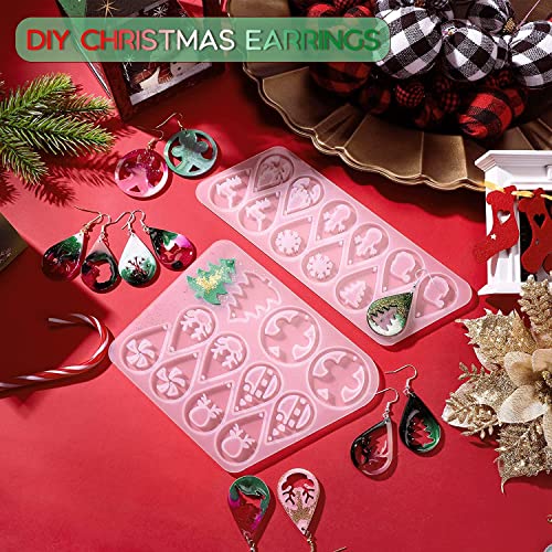 12 Pair Christmas Earring DIY Mold Resin Silicone with Earring Hooks Ring Earring Casting Mold for Christmas Tree Elk Snowflake Resin Earring Keychains Epoxy Craft Xmas Making Kit
