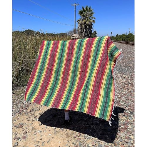 Open Road Goods Handmade Rasta or Hippie Blanket - Traditional Mexican Falsa Blanket in Rasta Colors