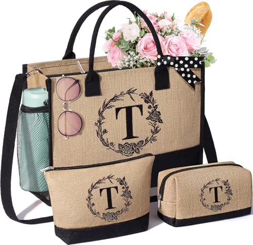 Personalized Birthday Gifts for Women, Monogrammed Initial Jute Tote Bags | Beach Tote Bag & Makeup Bags w/ Zipper, Christmas Women Gifts for Mom Her Friends Sister Coworker Nurse Teacher Appreciation - style: T
