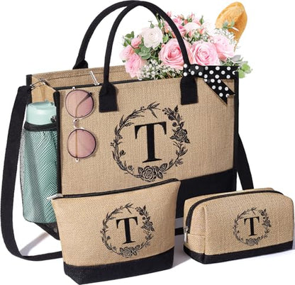 Personalized Birthday Gifts for Women, Monogrammed Initial Jute Tote Bags | Beach Tote Bag & Makeup Bags w/ Zipper, Christmas Women Gifts for Mom Her Friends Sister Coworker Nurse Teacher Appreciation - style: T