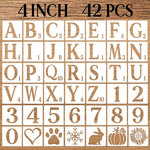 4 Inch Letter Stencils Numbers Craft Stencils, 42 Pcs Reusable Plastic Alphabet Drawing Templates for Painting on Wood, Wall, Fabric, Rock, Signage, Door Porch, DIY Art Projects - size: 4 Inch