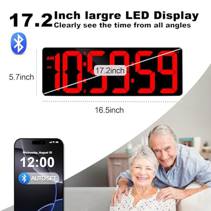 TXL 17.2" Bluetooth Digital Wall Clock with Seconds, Large Countdown Timer for Classroom Home Gym Kitchen Office, Alarm Clock with Remote Control, 4 Dimmable Brightness, Auto DST (Red) - color: Red