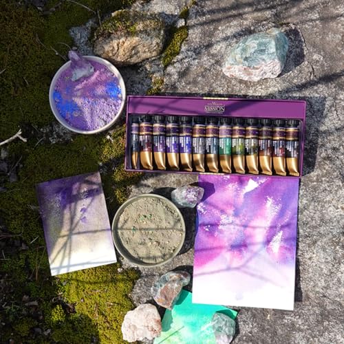 Mijello Mission Tourmaline Hyper Two-Tone Watercolor Set, 15ml Tubes, 12 Colors, Unique Granulation with Genuine Tourmaline Mineral Pigments for Art work & Craft_MGC-8012T