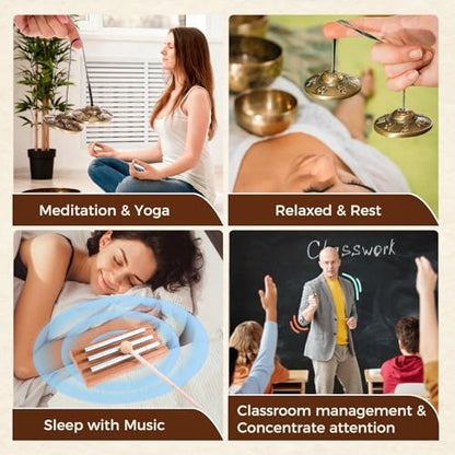 Meditation Instruments Set - Perfect for Classroom Management, Yoga, Prayer | Includes Tibetan Tingsha Cymbals, Three-Tone Chime Bell with Mallet, 2 Tibetan Drawstring Bags