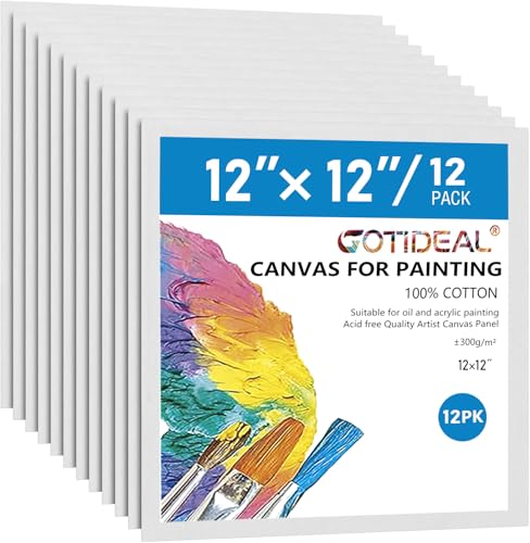 Canvases for Painting, 12x12 inch of 12 Pack, 100% Cotton | Professional Primed White Blank Flat Canvas Panels, Artist Canvas Boards for Acrylics Painting, Oil Watercolor Tempera - size: 12"x12"