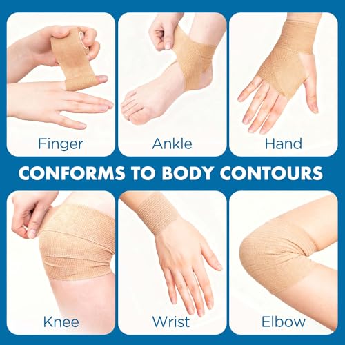 LotFancy Self Adhesive Bandage Wrap, 12 Pack, 2" x 5 Yards Non Woven Medical Tape, First Aid Tape for Athletic Wrist Ankle Sprains Swelling, Tan Color - size: 2 x 180 Inch (Pack of 12)