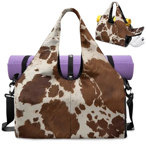 Brown Cow Print Gym Bag for Women Hygienic Gym Tote with Yoga Mat Holder Sports Duffle Bags Double Zipper, Sports Duffle Bags for Overnight Trips - color: Brown Cow Print