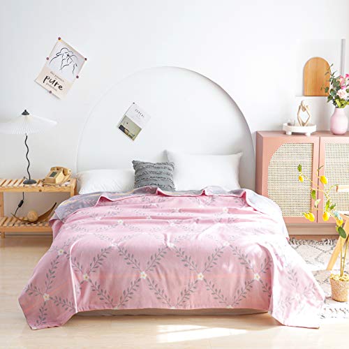 MEJU Pink Flower Muslin Throw Blanket Lightweight Summer for Bed Sofa Couch, 100% Combed Cotton 2 Layer Soft Warm Quick Dry Throw Blanket Bed Coverlet Sheet Flower Pink, F/Q 80 in X 90 in - color: Flower Pink, size: F/Q 80 in x 90 in