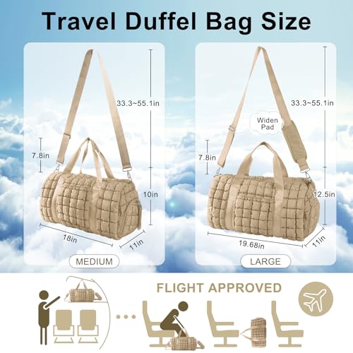 Quilted Travel Duffle Bag Gym Bag for Women,Large Puffer Duffle Weekender Bag with Compartment,Workout Overnight Carry on Organizer Bag Duffle Bag for Airplane Travel(L-Khaki) - color: Khaki, size: Large