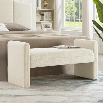 24KF Modern Upholstered Bed Bench Covered with Soft Boucle Teddy Fabric, Lovely Entryway Bench Ottoman with Armrest,5062-Cream - color: Cream Teddy Bench