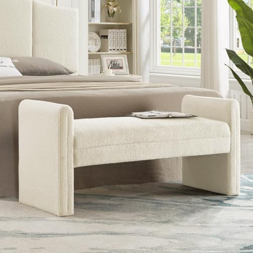 24KF Modern Upholstered Bed Bench Covered with Soft Boucle Teddy Fabric, Lovely Entryway Bench Ottoman with Armrest,5062-Cream - color: Cream Teddy Bench