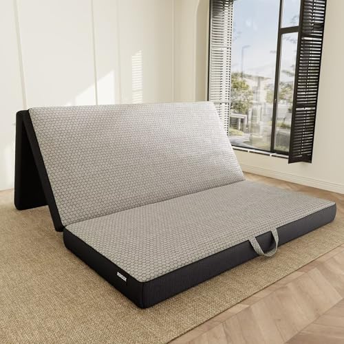 ROXGOX Memory Foam Trifold Mattress, Queen Portable Floor Bed 4 Inch, Foldable Mat with Washable Cover, Handle & Non-Slip Bottom, for RV, Travel, Camping, Yoga, 78"x58"x4", Grey - size: Queen, style: 4 Inch-Grey