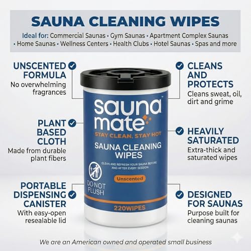 Sauna Cleaning Wipes, 220 Count, Unscented Disposable Sauna Wipes, Cleans Sweat, Oil & Grime Between Uses, For Sauna Benches & Backrests, Home, Gym & Commercial Use