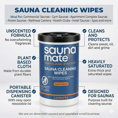 Sauna Cleaning Wipes, 220 Count, Unscented Disposable Sauna Wipes, Cleans Sweat, Oil & Grime Between Uses, For Sauna Benches & Backrests, Home, Gym & Commercial Use