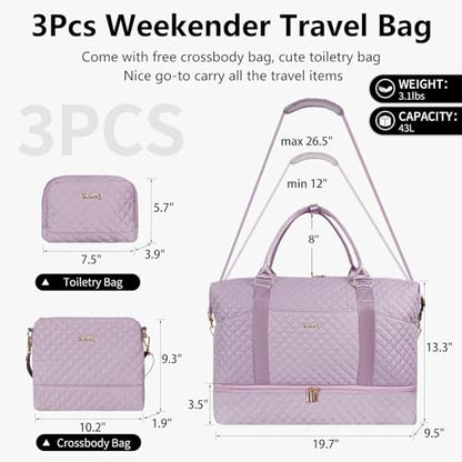 Weekender Bag, Large Travel Duffel Bag for Women, Carry on Overnight Bag with Shoe Compartment and Toiletry Bags - color: L-3PCS Cute Pink