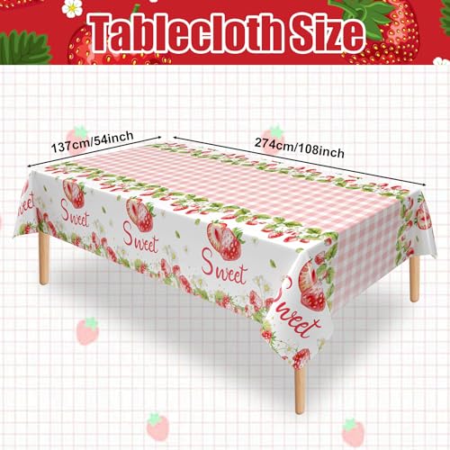 3Pcs Strawberry Tablecloth, 54 x 108 Inch Pink Checkered Plastic Tablecloth, Berry Sweet One Table Covers for Baby Shower, Strawberry Birthday Party, Berry First Birthday Decorations - color: Strawberry