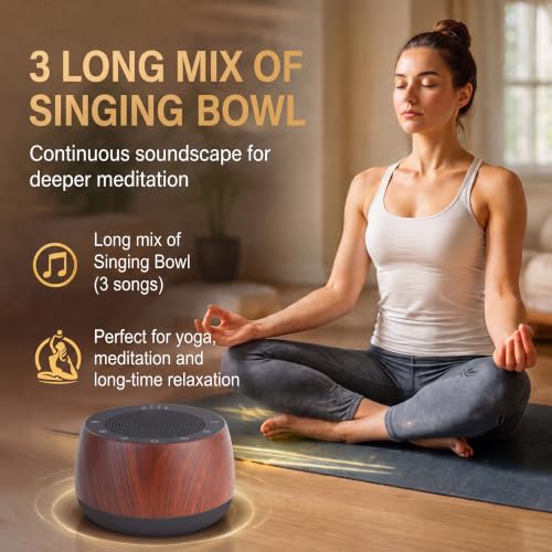 Electronic Tibetan Singing Bowl Portable Meditation Sound Machine 9 Healing Modes Touch Timer Memory for Sleep Yoga Reiki - color: Wood Grain