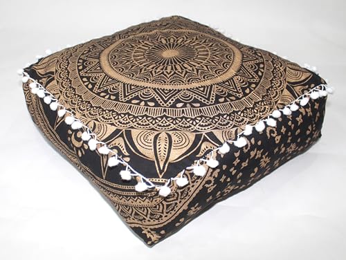 INDIAN CRAFT CASTLE ICC Mandala Barmeri Large Floor Pillow Cover Cushion Meditation Seating Ottoman Throw Cover Hippie Decorative Zipped Bohemian Pouf Ottoman Cases Black Gold, 18" Square - color: Black Gold, size: 18"D x 18"W x 5"H