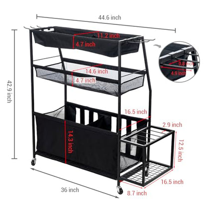 MyGift 3 Tier Sports Equipment Organizer Rolling Ball Storage Rack w/Hooks