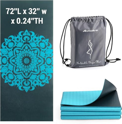 Avoalre Folding Yoga Mat, Eco-Friendly PVC Travel Yoga Mat Packable, Double Sided Non-Slip Printed Yoga Mats with Bag for Home Workout Gym Exercise Fitness Pilates Stretching (72" x 32" x 0.24" Thick) - color: Green