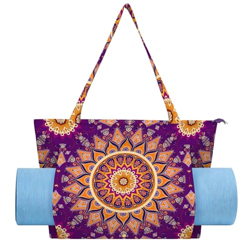 Mandala Yoga Mat Bag Large Yoga Bags and Carrier Fits All Your Stuff Yoga Tote Bags with Zipper Pocket Pilates Bag - color: Purple-01