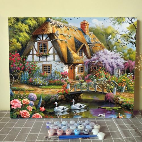 Forest Cottage Scenery Paint by Numbers Kits 16x20 inch Canvas Flowers Bridge Swan Landscape DIY Oil Painting for Adults Beginner with Brushes and Acrylic Pigment-Cabin Scenery Photo Gift(Frameless) - color: Nature Scenery 12, size: 16''x20''(Frameless)