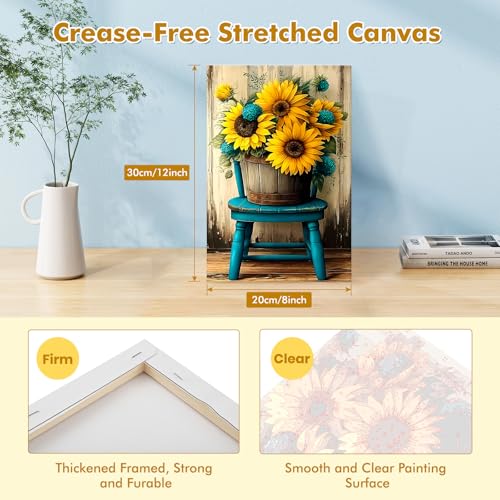 Bowetile Framed Paint by Numbers Sunflower Kit for Adults, Adults' Paint-by-Number Flowers Kits on Canvas, Painting by Numbers Chair, DIY Acrylic Number Painting for Home Wall Decor, 8x12in - color: Sunflower, Chair